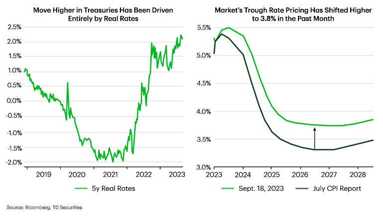 Two lines graphs showing effect of Real Rates driving treasuries higher and that the market's trough rate pricing has shifted higher to 3.8% in the past month