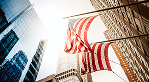 Office buildings and American flags