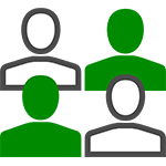 Icon of four user silhouettes in green and gray arranged in a group.