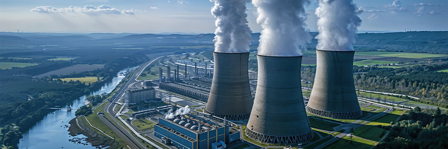 Large power plant with three cooling towers emitting steam, surrounded by greenery.