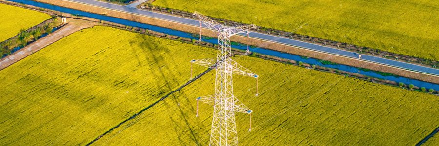 Electrical transmission tower standing in a yellow agricultural field, viewed from above, with nearby road and irrigation canal.