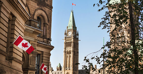 Exterior shot of Canadian Parliament. 