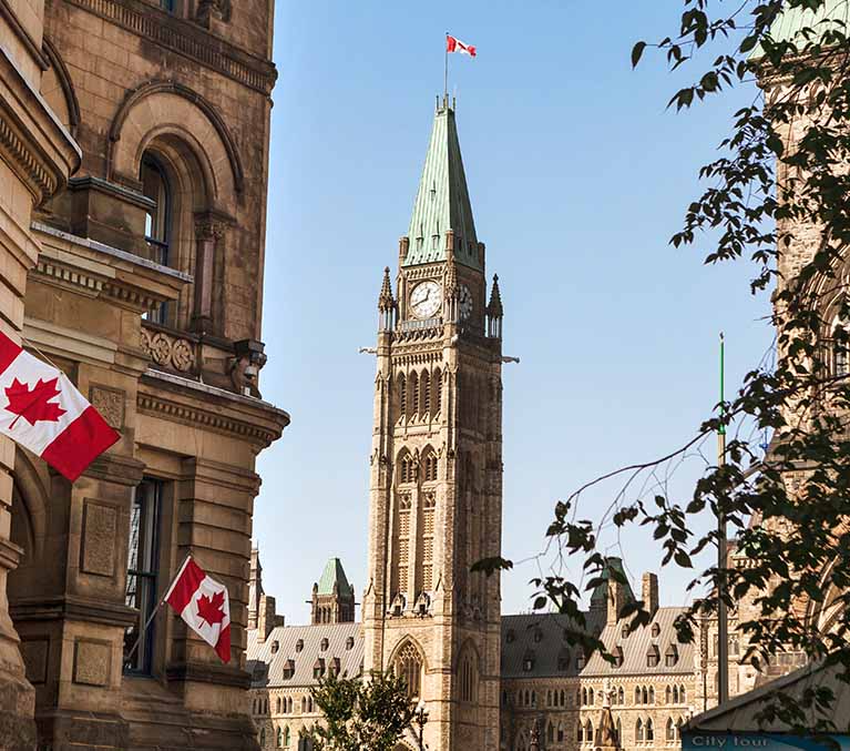 Exterior shot of Canadian Parliament. 