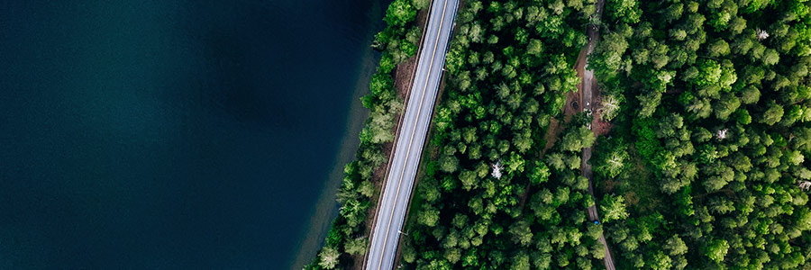 Satellite view of a road with a lake on one side and a forest on the other.