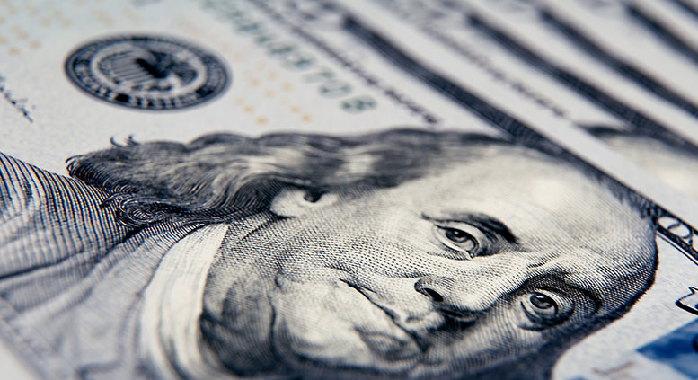 Closeup of Benjamin Franklin on U.S. $100 bill