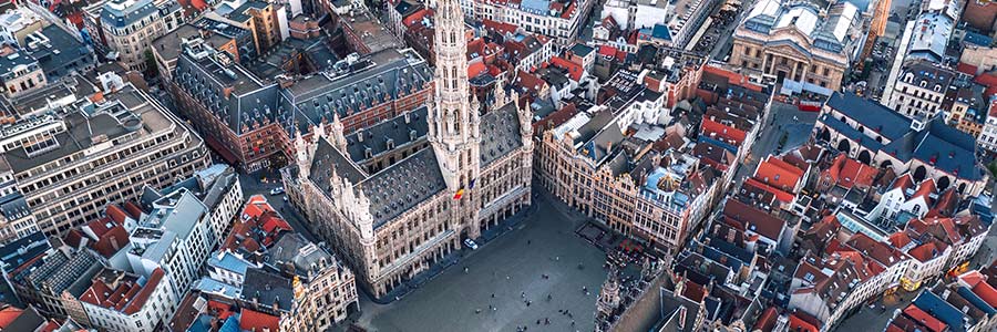 Aerial view of Grand Place square and Town Hall in the City of Brussels, Belgium.