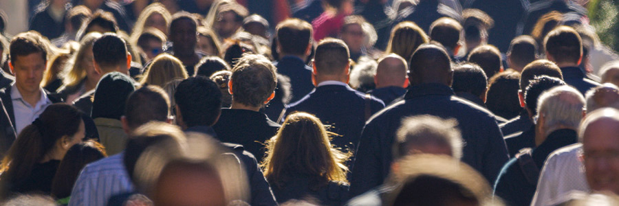 Crowd of people in business suits walking outdoors, viewed from behind in daylight.