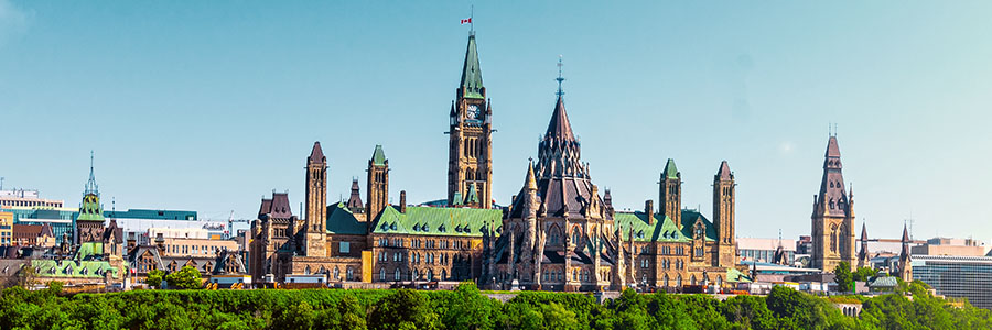 Landscape image of the Parliament buildings in Ottawa