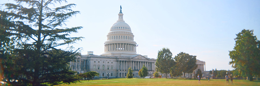 U.S. Capitol building with dome, lawn and trees in foreground.
