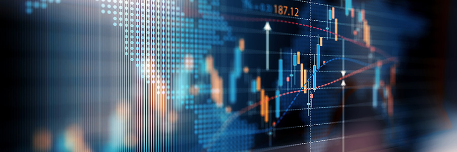 Financial chart with candlestick patterns and data points overlaid on a digital world map background.