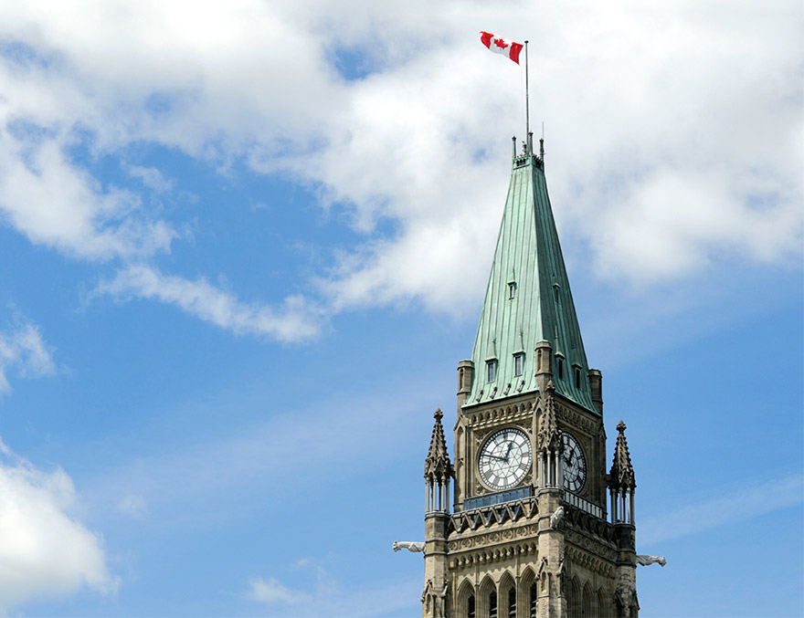 Close up of the Peace Tower at the Parliament buildings in Ottawa.