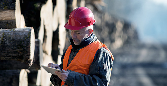 Image d’un homme qui regarde une tablette alors qu’il se tient à côté de bois d’œuvre