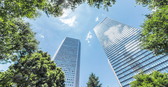 Worm's eye view of trees and skyscrapers against a blue sky