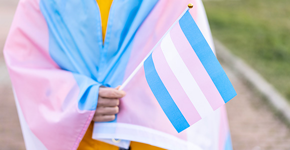 The transgender representation flag of of blue, pink and white stripes.