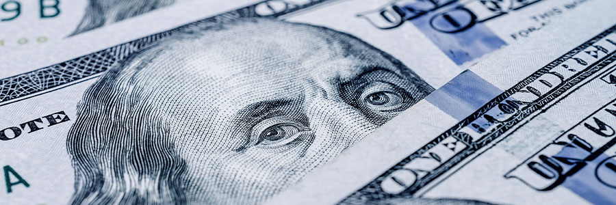 Close-up of U.S. one-hundred-dollar bills.