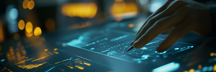 Hand interacting with a futuristic digital interface displaying AI-driven data visualizations.
