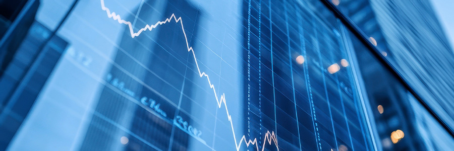 A line chart showing stock market volatility overlaid on a glass skyscraper facade.