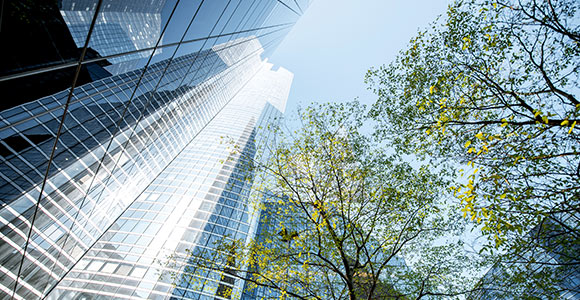 A worm's eye view of corporate skyscrapers.