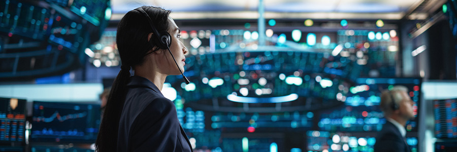 Person holding a tablet in a financial trading room with digital screens displaying market data.