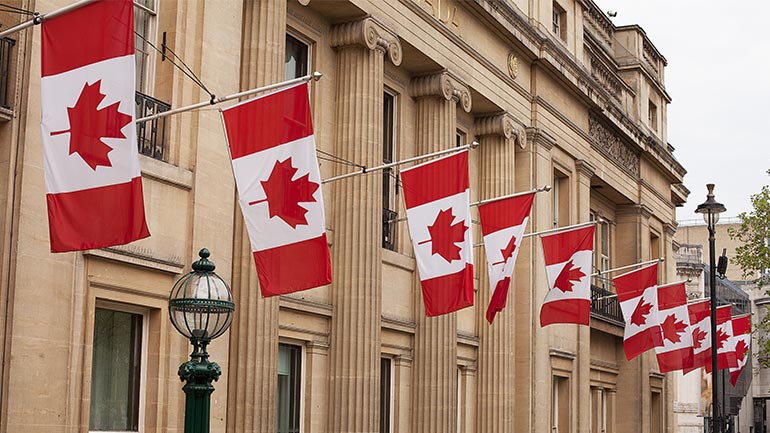 Row of Canadian flags hanging on the exterior of an office building.