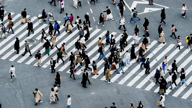 A large group of people crossing a wide, striped crosswalk in an urban setting.