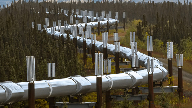 Pipeline winding through forested landscape with vertical anti-vibration mounts.