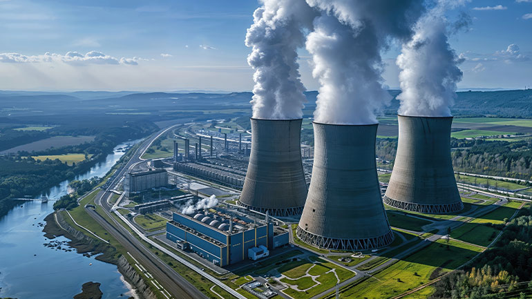 Large power plant with three cooling towers emitting steam, surrounded by greenery.