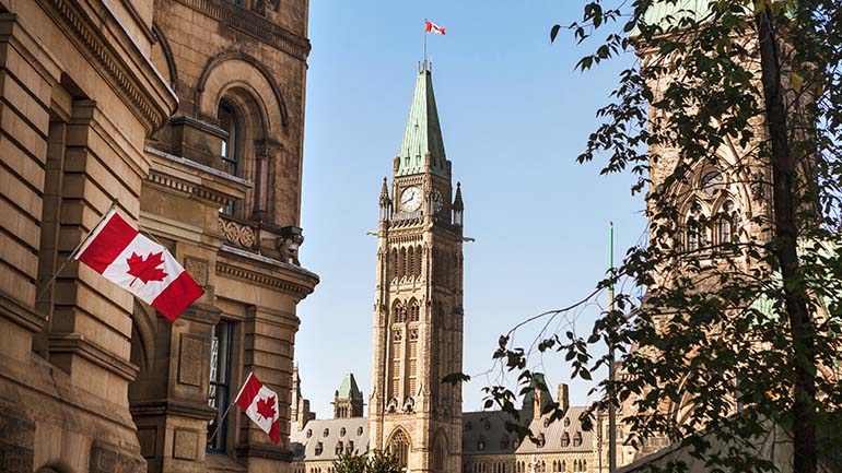 Exterior shot of Canadian Parliament. 