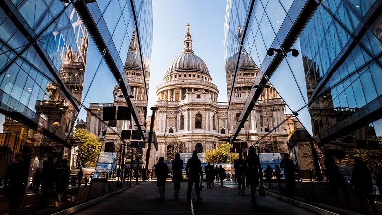 Office buildings framing St. Paul's Cathedral in England