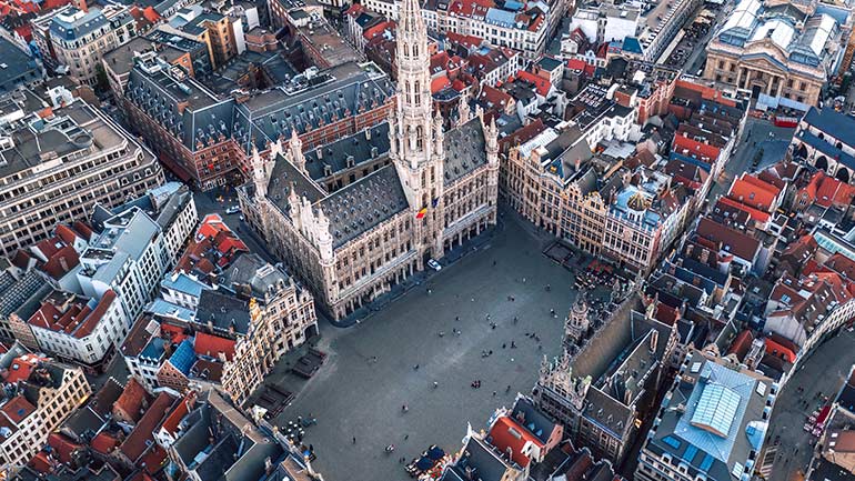 Aerial view of Grand Place square and Town Hall in the City of Brussels, Belgium.