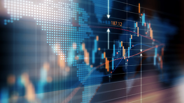 Financial chart with candlestick patterns and data points overlaid on a digital world map background.