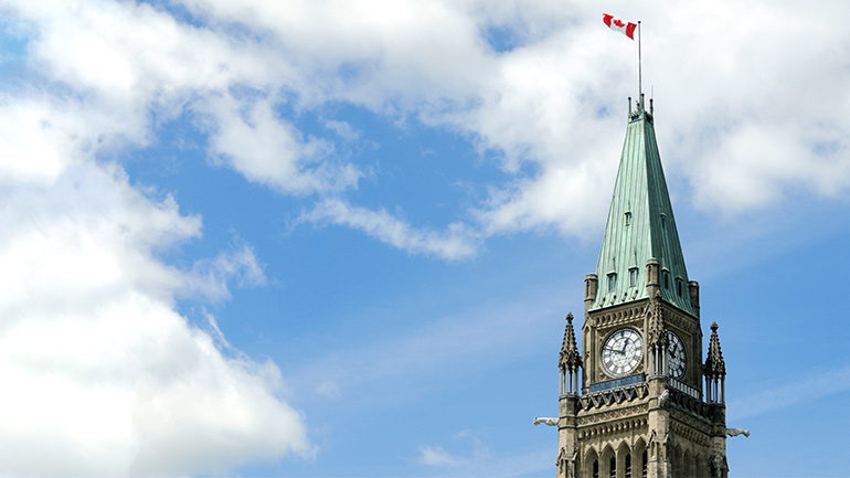 Close up of the Peace Tower at the Parliament buildings in Ottawa.