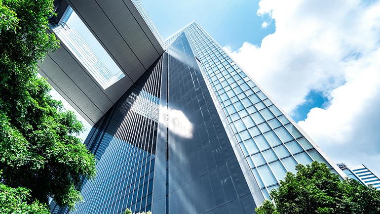 An under-head view of a building