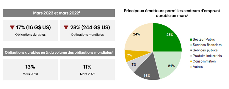 Pie chart showing top issuing sustainable debt sectors in March 2023