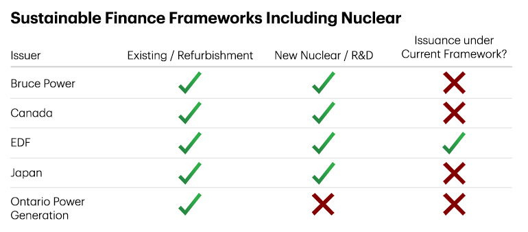 A chart showing sustainable finance frameworks including nuclear power