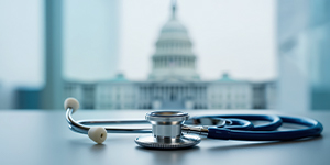 Stethoscope on a desk with the U.S. Capitol building in the background.
