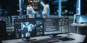 A modern laboratory workspace featuring two large computer monitors on a desk, displaying scientific data. Two people in lab coats are in the background discussing something near scientific equipment.