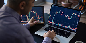 A person is looking at charts on two computer screens and comparing data.